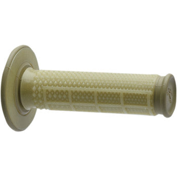 The Reinforced Dual Compound Grips Offroad Kevlar Tapered by Renthal feature a tan, diamond-textured surface, flared end, and soft compound for lasting comfort and control on your motorcycle or bike.