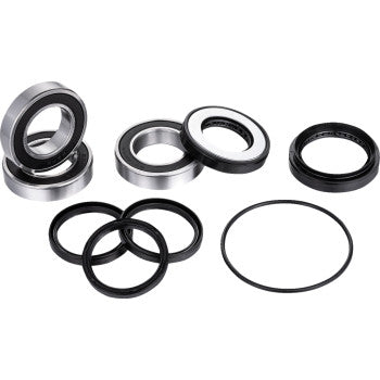 The Honda TRX Wheel Bearing Kit Rear by Factory Links features waterproof bearings and black rubber seals, all arranged on a white background.