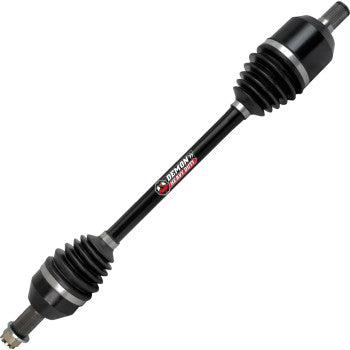 Black heavy-duty front axle shaft with ribbed rubber boots on both ends and a red and white Demon logo label on the metal.