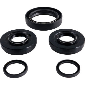 Five black seals from the Differential Seal Kit Front by Epi, made of oil-resistant NBR, in assorted sizes on a white background. These circular seals are ideal for sealing rotating shafts in differential rebuild applications.