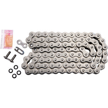 The 520 PX Series Drive Chain 106 Links by Parts Unlimited features a silver finish, connecting links, two bolts, small black O-rings, and a lubricant packet. Made in Japan and displayed on a white background.