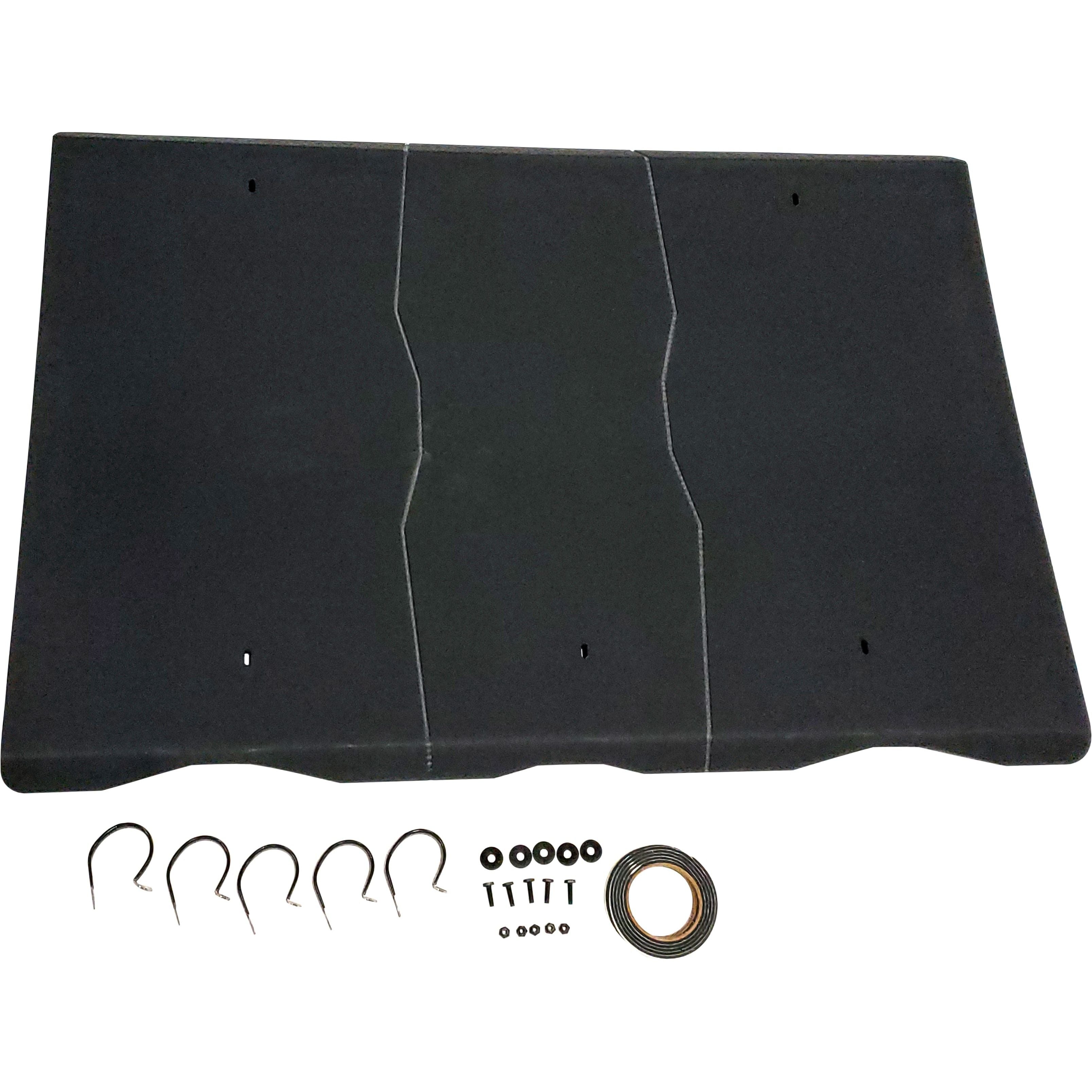 The Kawasaki Mule UTV Molded Roof by Open Trail is shown in black HDPE with a rectangular shape, accompanied by six clips, six screws, six washers, and a roll of trim or adhesive tape for installation.