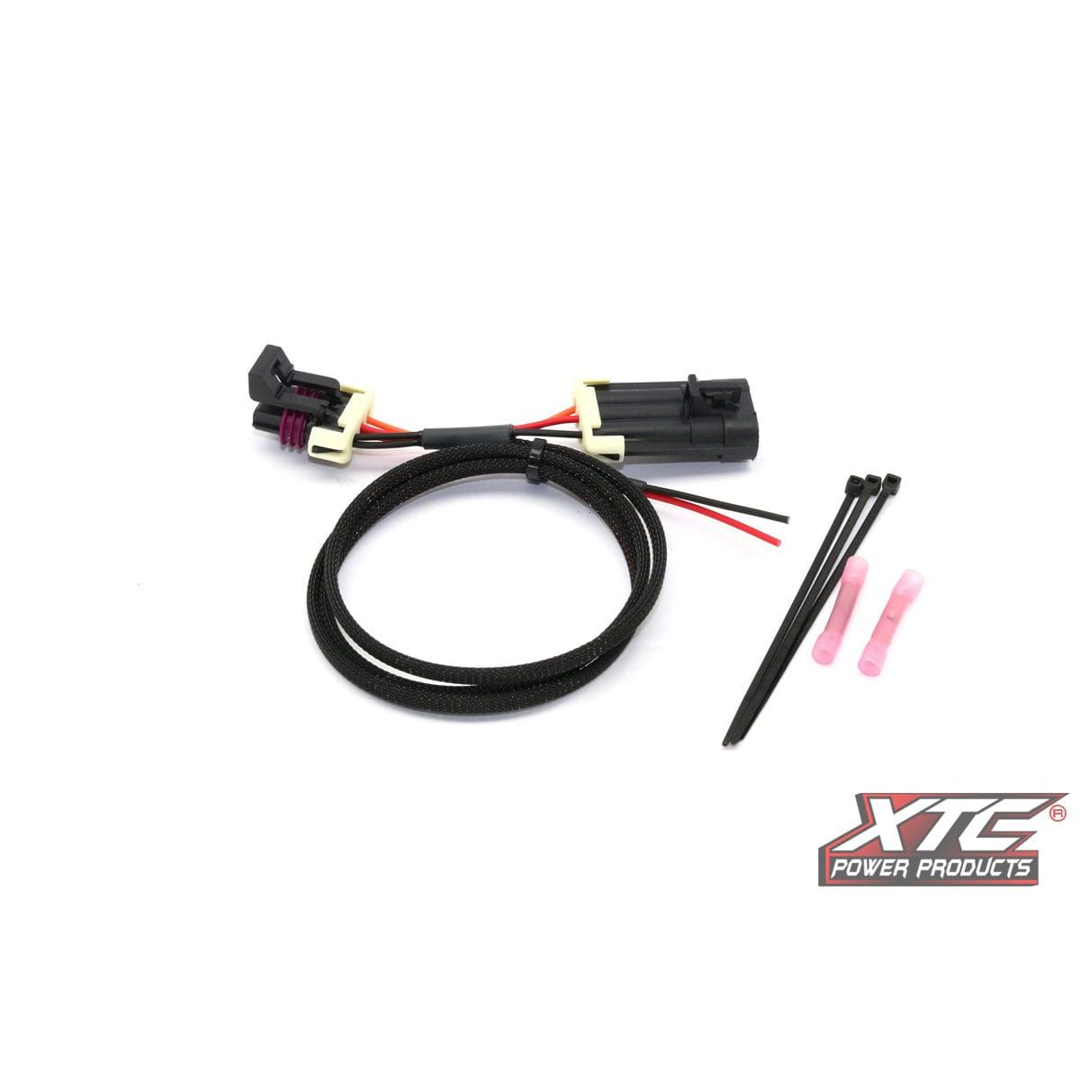Plug N Play Power Out Whip/License Plate Can by XTC Power features black cable, two pink wire connectors, two black zip ties, and connectors. XTC Power Products logo appears in the bottom right corner on a white background.