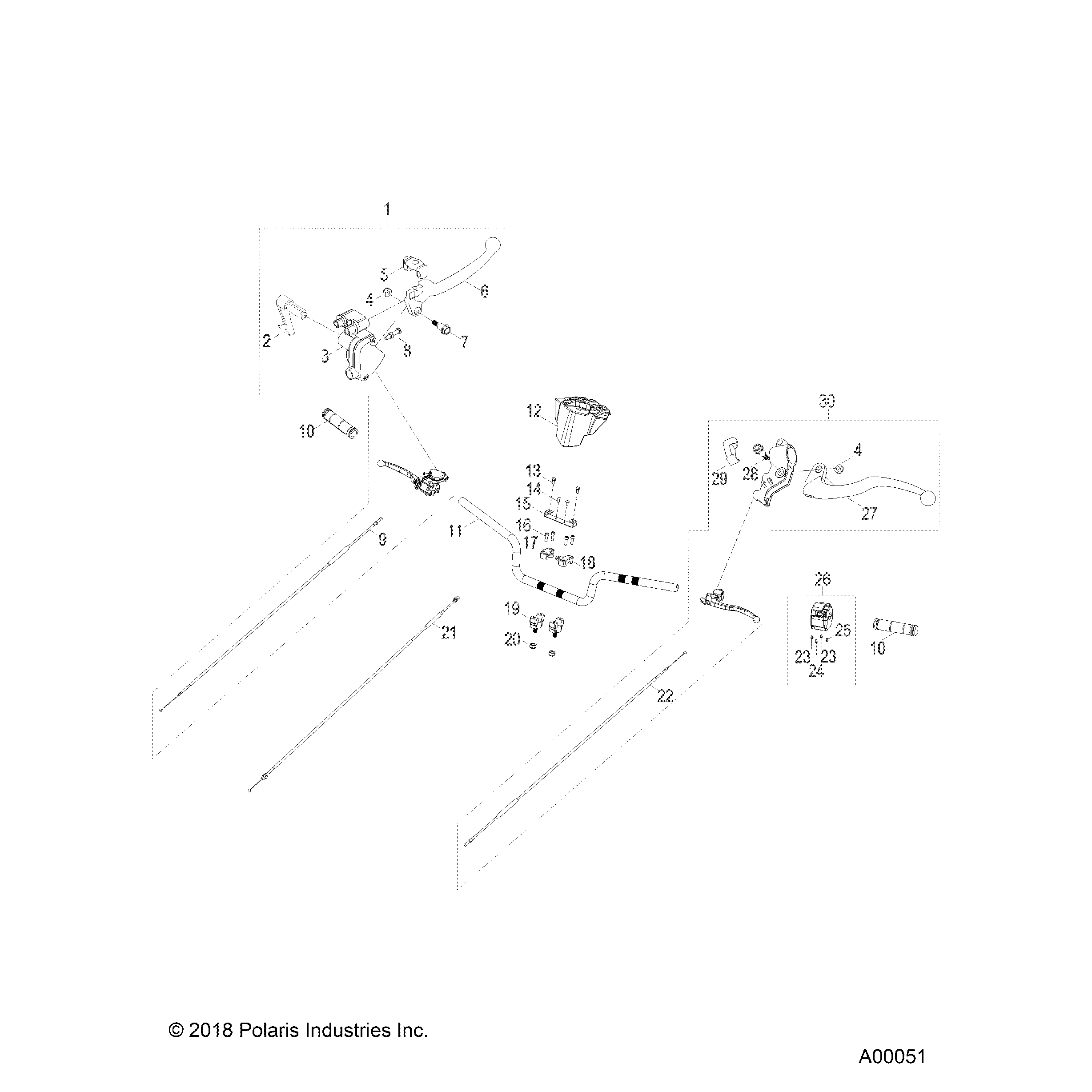 An Image of a Genuine Polaris Parts Schematic Diagram showing the schematic - STEERING: HANDLEBAR - 2020 POLARIS OUTLAW 110
