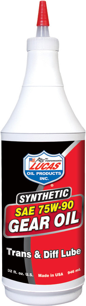 A white plastic 32 fl. oz. bottle of Synthetic Gear Oil 75W90 Qt by Lucas Oil with red and black label and red pointed cap, made in the USA for high performance use at high temperatures.