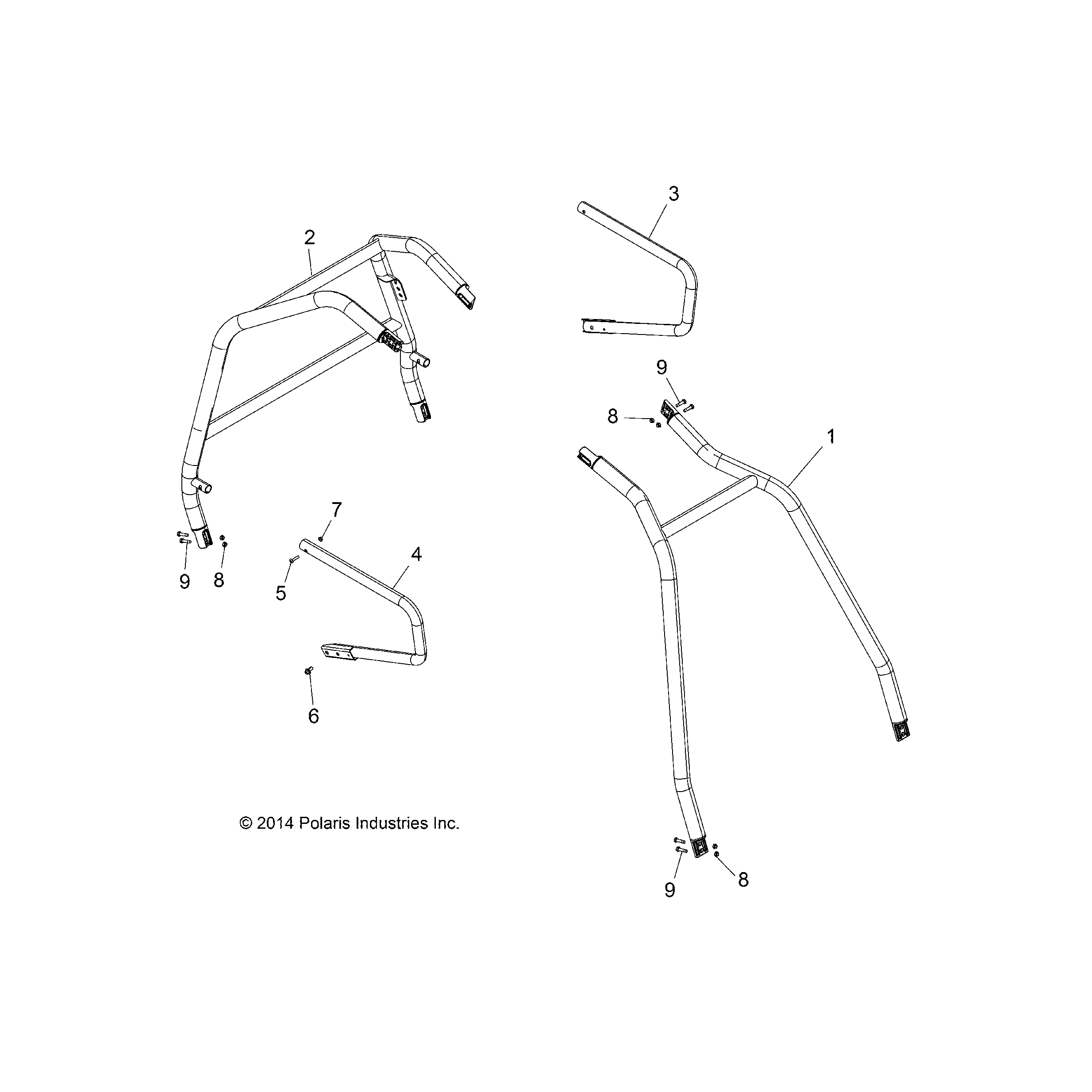 An Image of a Genuine Polaris Parts Schematic Diagram showing the schematic - CHASSIS: CAB FRAME AND SIDE BARS - 2015 POLARIS SPORTSMAN ACE 570 EFI