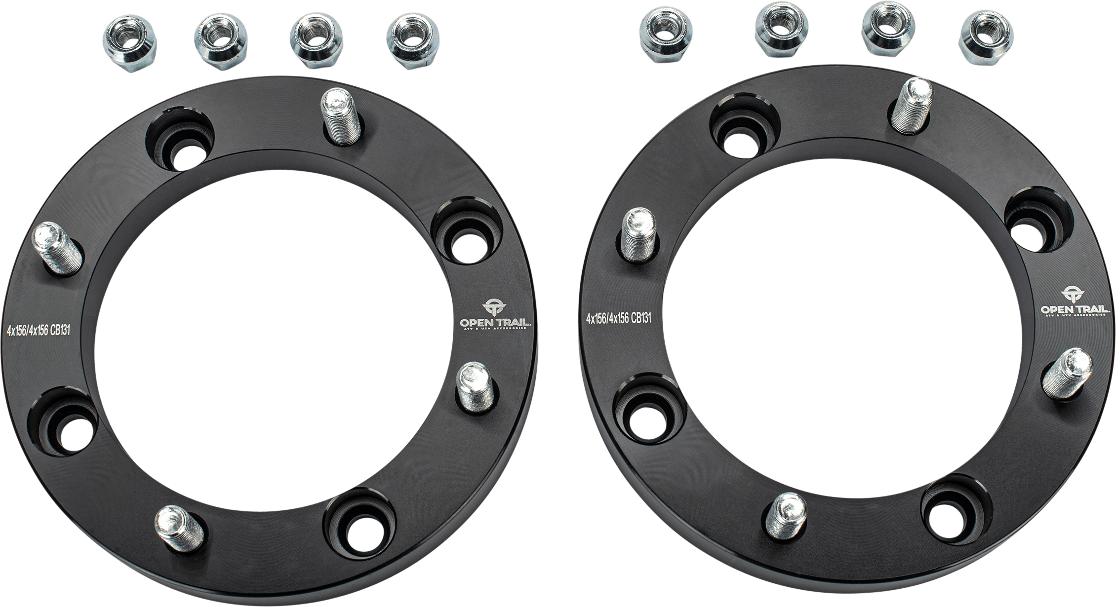 Two black Open Trail Wheel Spacer Adapter 1 4/156 3/8 To 4/156 12Mm X 1.5 sets are side by side, each with six studs and six matching lug nuts above them on a white background, designed to enhance traction and stability.