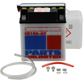 The Parts Unlimited Battery YB10A-A2 is a heavy-duty motorcycle battery with lead calcium alloy for superior cranking power, attached vent tube, hardware, acid pack, and a white case with red/blue labels and black top.