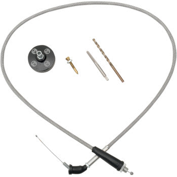 The Yamaha Carburetor Cap Kit Black by Moose Offroad includes a mounting plate, drill bit, Mikuni-style idle adjustment screw, stainless steel braided cable, anchor, and small hardware parts arranged on a white background.