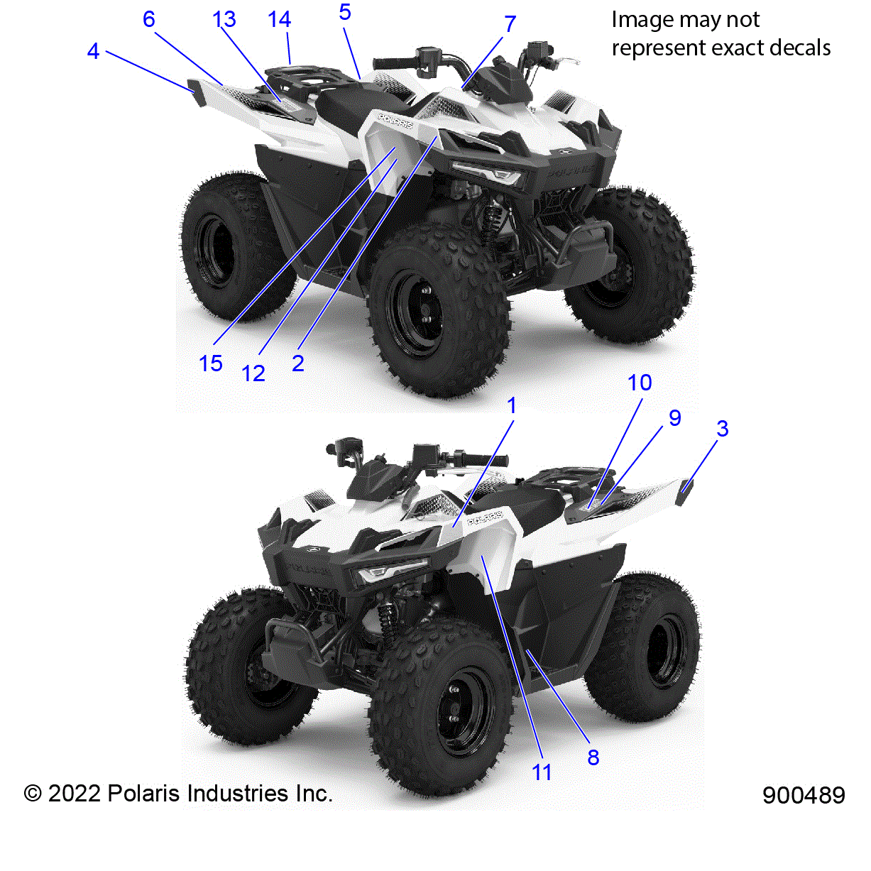 An Image of a Genuine Polaris Parts Schematic Diagram showing the schematic - BODY: DECALS WARNING and REFLECTORS - 2023 POLARIS OUTLAW 70 LE