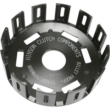 The Clutch Basket by Hinson Racing is a black billet T-6 aluminum basket with rectangular edge slots and "HINSON CLUTCH COMPONENTS BILLET PROOF YZ400F/YZ426F" engraving, designed to enhance clutch performance.