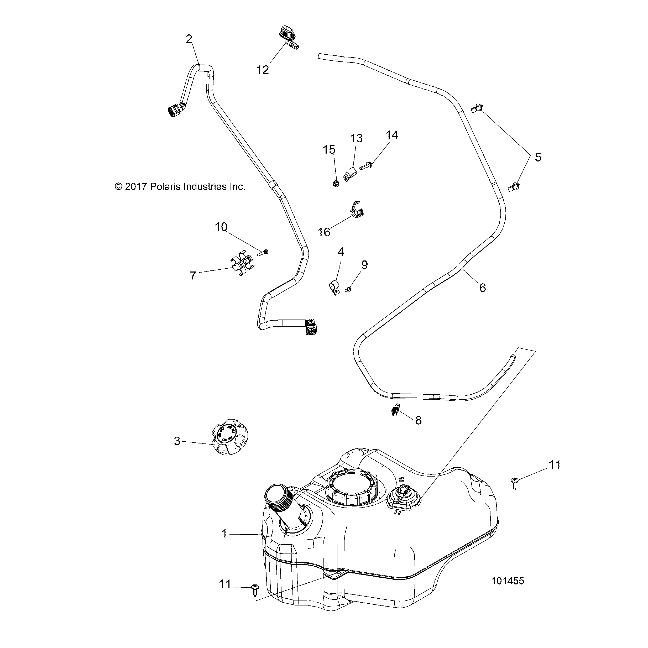 An Image of a Genuine Polaris Parts Schematic Diagram showing the schematic - BODY: FUEL TANK - 2018 POLARIS ACE 500 SOHC