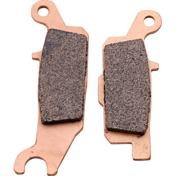 Two metallic Brake Pads by Galfer with dark friction material on one side, placed side by side on a white background. Each pad has a distinct shape and unique mounting holes.