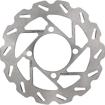 The Yamaha Brake Rotor by All Balls is a silver, round stainless steel disc with a wavy edge and multiple slots and holes for improved cooling and braking performance.