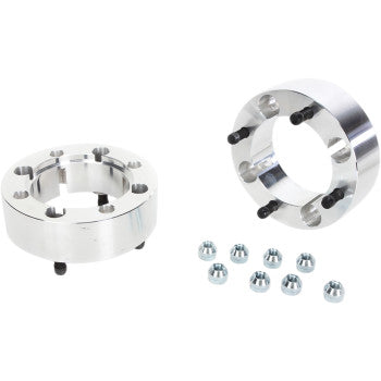 The Spacer with Stud Wheel Rear 4/137 2 by High Lifter features two silver spacers with five holes each and ten matching lug nuts, ideal for mounting aftermarket ATV tires, all displayed on a white background.