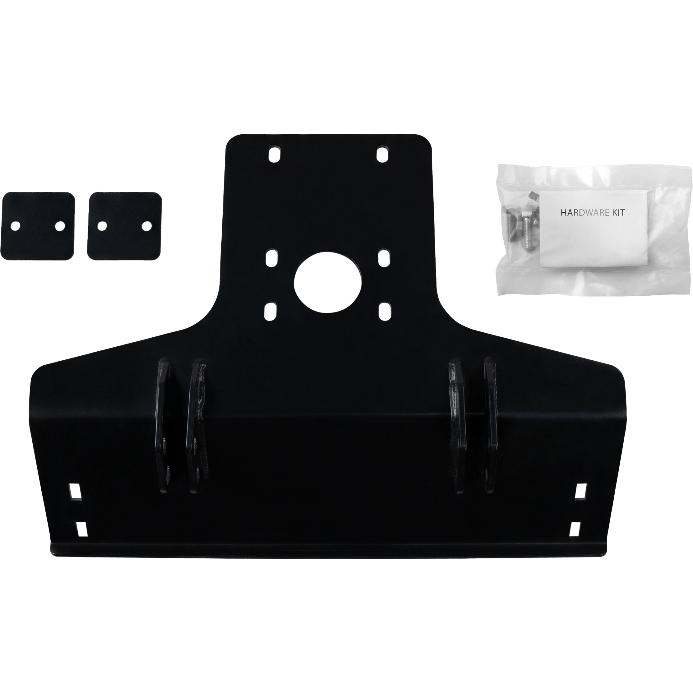 The UTV Plow Mount by Open Trail includes a black metal bracket with a central circular hole, two smaller rectangular plates, and a hardware kit with screws and fasteners, all shown on a white background.