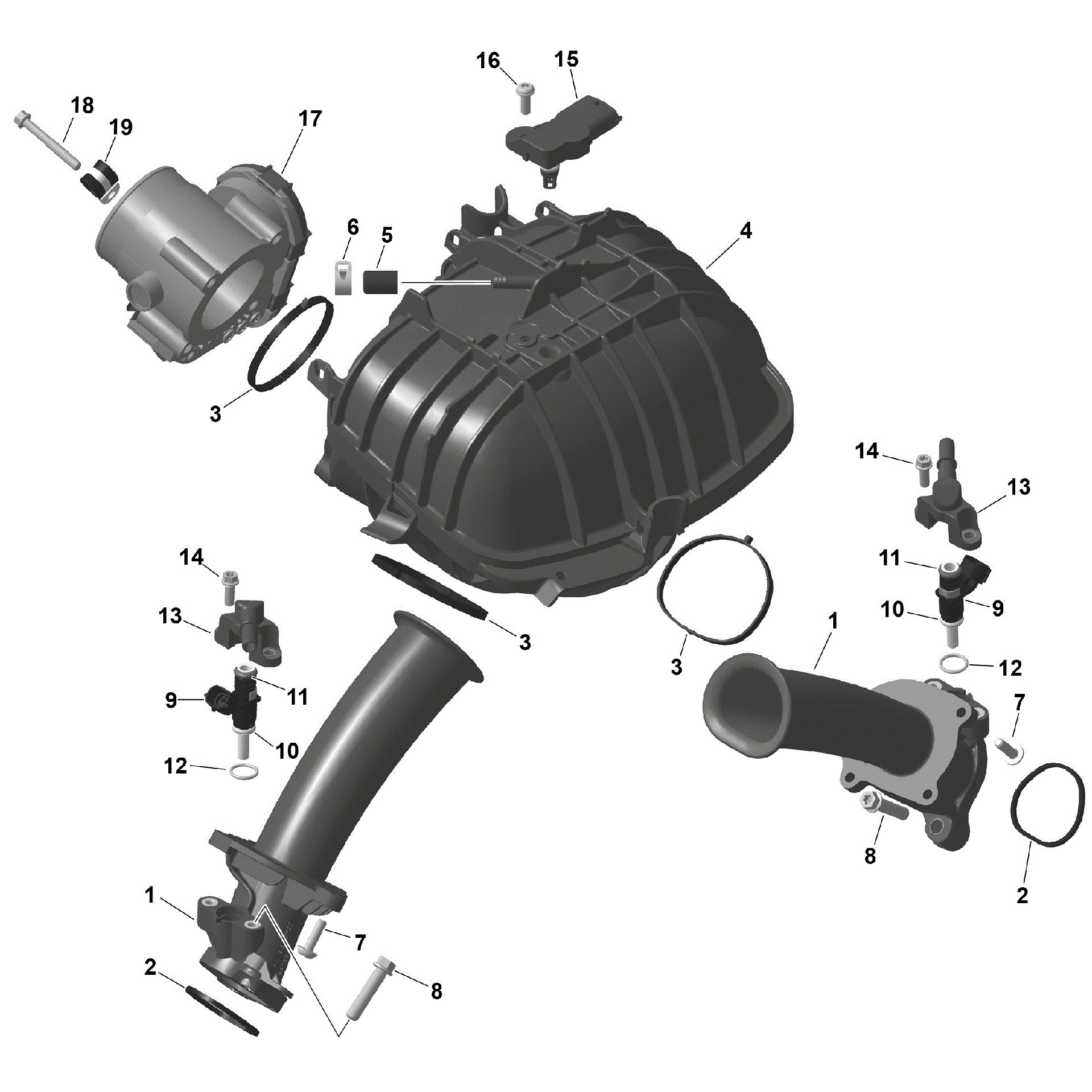 An Image of a Genuine Can-Am Parts Schematic Diagram showing the schematic - ROTAX - AIR INTAKE MANIFOLD AND THROTTLE BODY