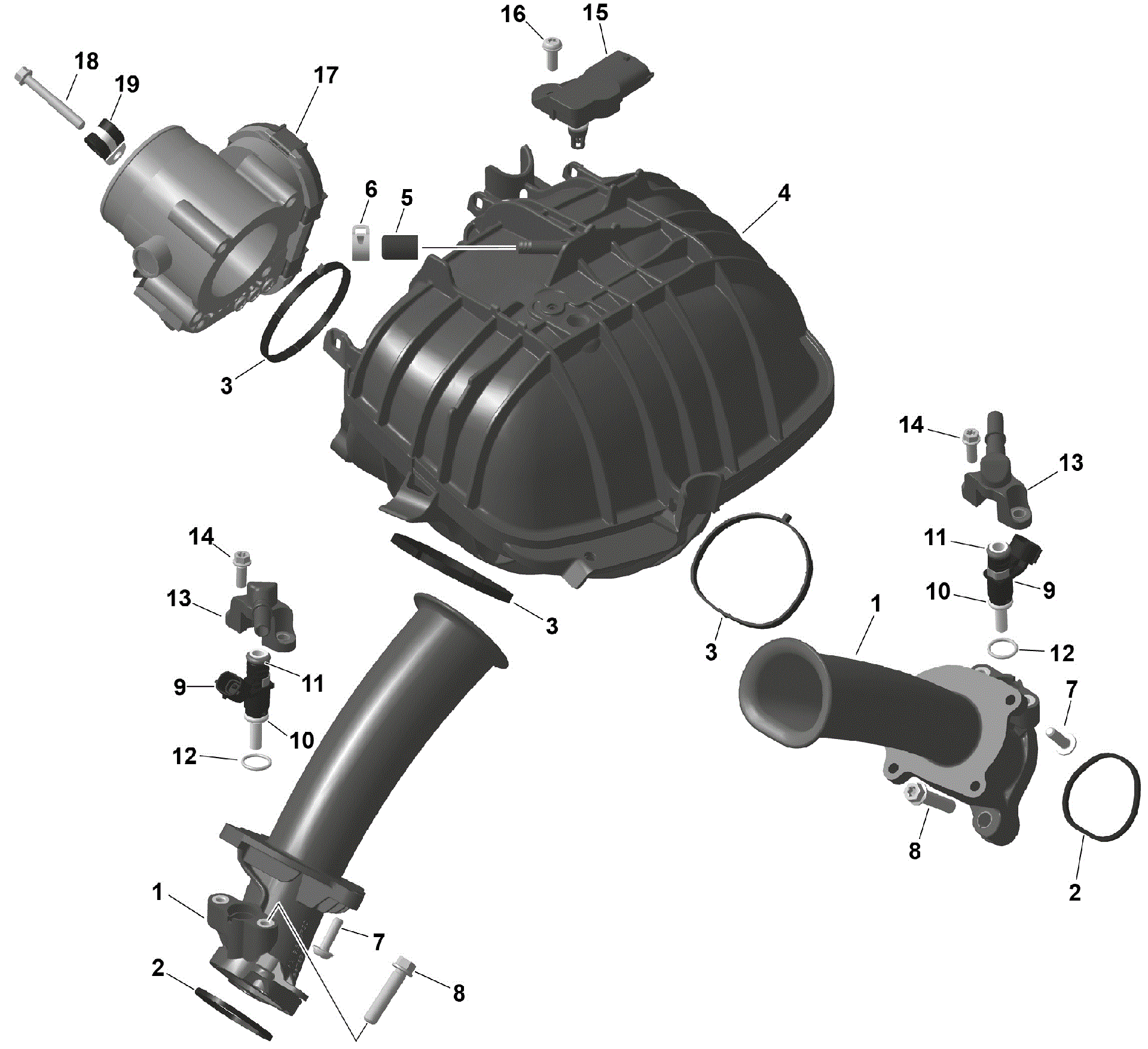 An Image of a Genuine Can-Am Parts Schematic Diagram showing the schematic - ROTAX - AIR INTAKE MANIFOLD AND THROTTLE BODY
