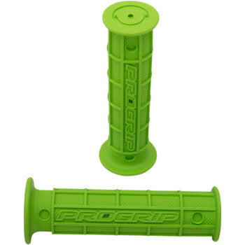 Grips 726 Green by Pro Grip: two textured, bright green handlebar grips with full waffle design and PRORIP embossing, shown upright and flat, for bicycles or motorcycles to enhance vibration absorption.