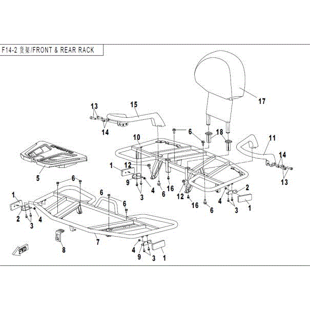 An Image of a genuine CFMOTO Parts Schematic Diagram showing the group - FRONT & REAR RACK - 2016 CFMOTO CFORCE 500 HO