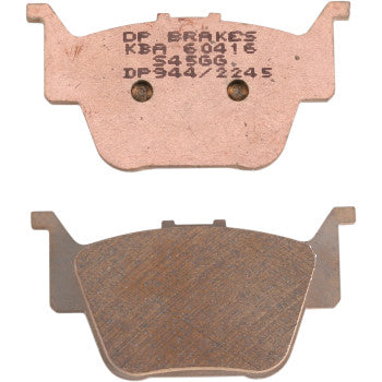 Two Honda Sintered Brake Pads for the Honda TRX by DP Brakes are shown; one displays DP BRAKES KBA 60416 S456G DP344/2245, while the other highlights a smooth, textured friction surface typical of premium ATV pads.