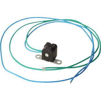 Black rectangular trigger coil with metal mounting bracket and long blue and green wires attached.