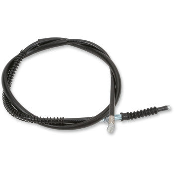 The Yamaha Black Vinyl Clutch Cable by Parts Unlimited features a coiled black design, metal connector, and spring-like sheath for a precise fit—ideal for Yamaha motorcycles.