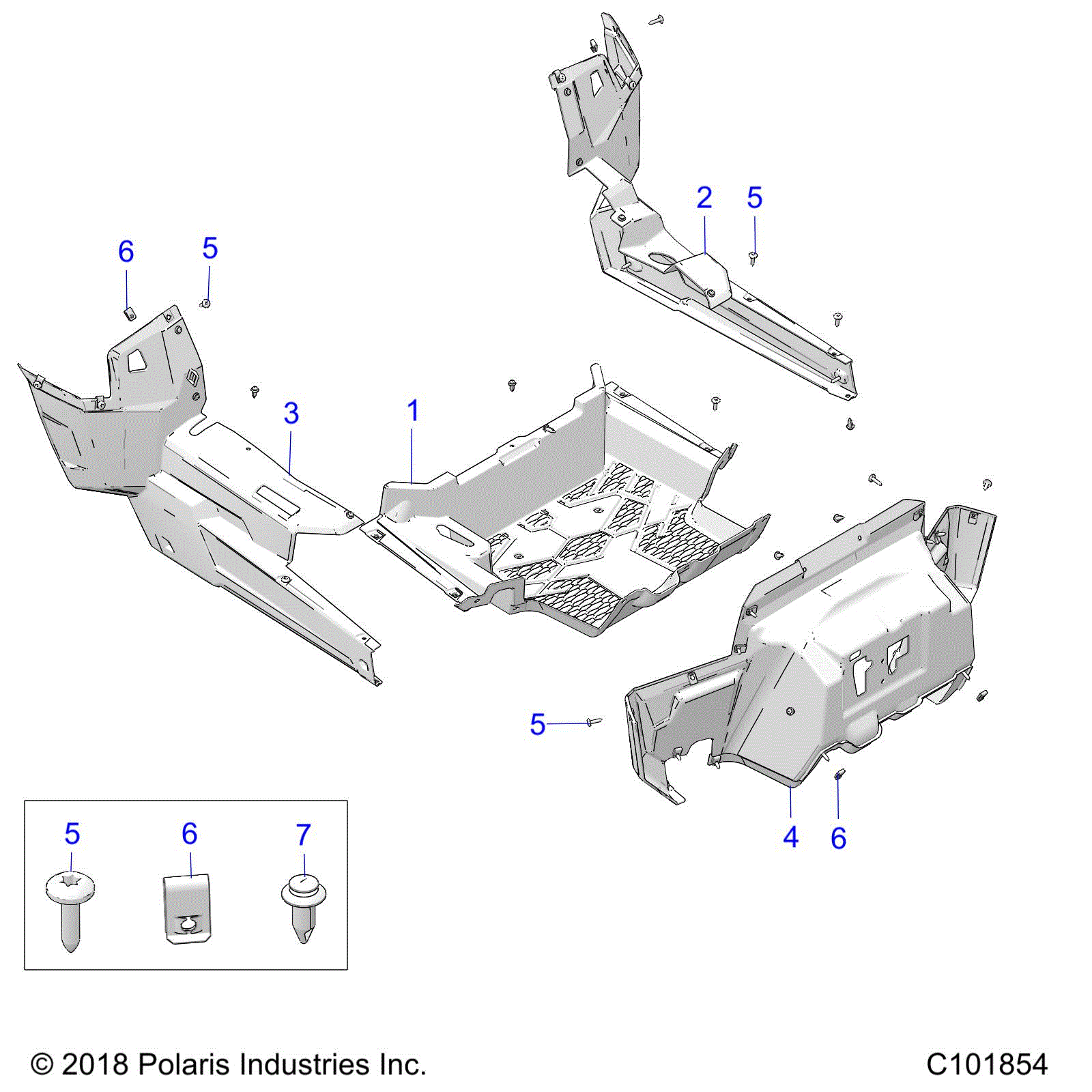 An Image of a Genuine Polaris Parts Schematic Diagram showing the schematic - BODY: FLOOR AND ROCKER PANELS - 2020 POLARIS ACE 150 EFI