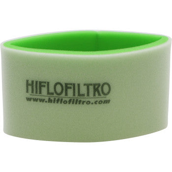 The HFF2028 Kawasaki Foam Air Filter by Hiflo, featuring "HIFLOFILTRO" and www.hiflofiltro.com printed in black, is a green foam ring engineered for maximum filtration and high airflow.