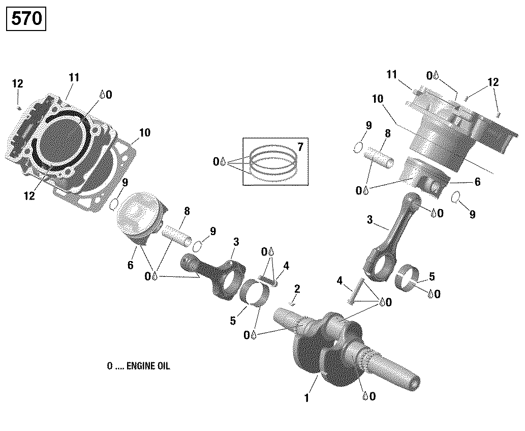 An Image of a Genuine Can-Am Parts Schematic Diagram showing the schematic - CRANKSHAFT AND PISTONS - 570 EFI