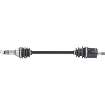Black metal CV axle shaft with rubber protective boots on both ends and splined metal connectors for Can Am Maverick.