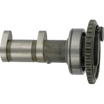 Metal camshaft with smooth cylindrical lobes and a gear attached at one end, designed for Suzuki engines.