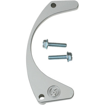 The Engine Case Saver Polished by Moose Offroad is a curved, CNC-machined aluminum bracket with two holes. It features two silver bolts and nuts inside the curve, plus an engraved circular logo to highlight its US-made quality and precision.