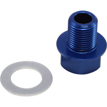 The Koso North America Oil Adapter M14 x 1.25 x 15, featuring a blue metal threaded bolt with a wide flange and a flat aluminum washer, is displayed on a white background—ideal for secure sensor mounting.