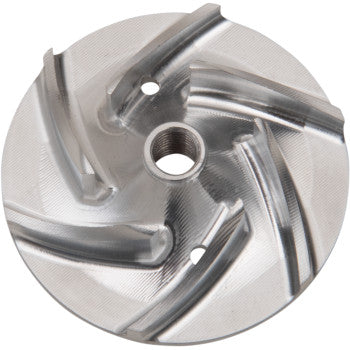 A top view of the Can Am Impeller GEN 2 by Quad Logic shows its shiny, high-quality metal build with curved blades, circular grooves, a central hole, and two smaller side holes.