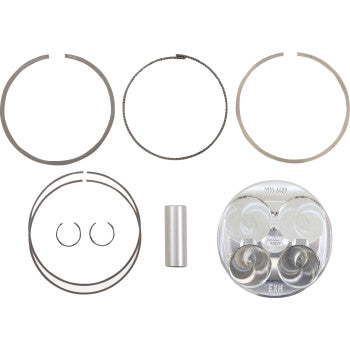 The Honda Piston Kit 96.00 mm by Moose Offroad includes X-style forgings, three piston rings, two circlips, a wrist pin, and a piston with valve reliefs, all neatly arranged on a white background.