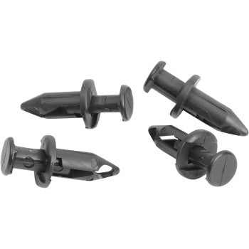 Ten black plastic Body and Fender Clips by Parts Unlimited, featuring flat slotted heads, ideal for automotive bodywork or fender use, displayed on a white background.