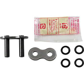 Metal X3 530 V master link rivet with two pins, oval link plate, and five black rubber O-rings in plastic packaging.