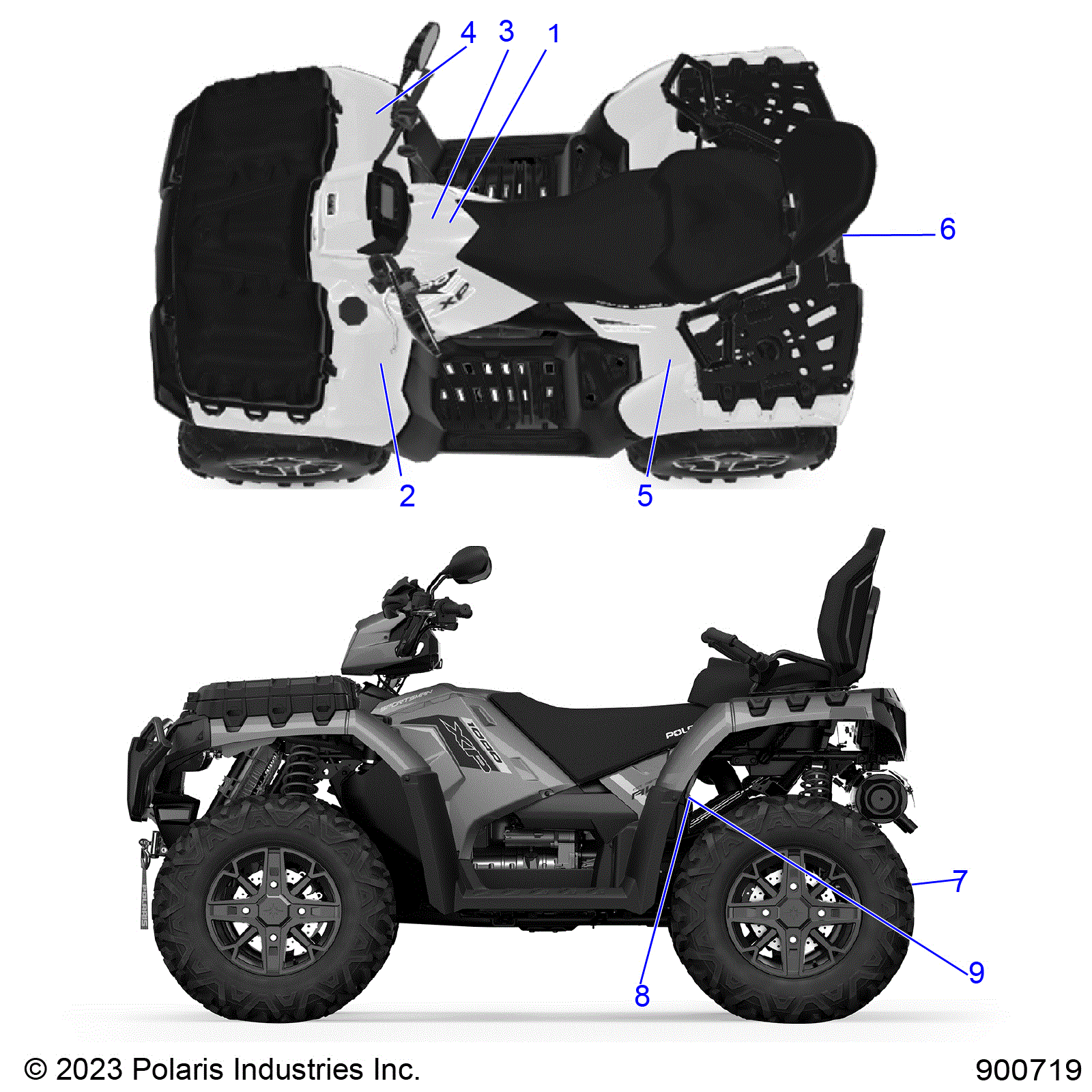 An Image of a Genuine Polaris Parts Schematic Diagram showing the schematic - BODY: DECALS GENERAL - 2026 POLARIS SPORTSMAN TOURING XP 1000