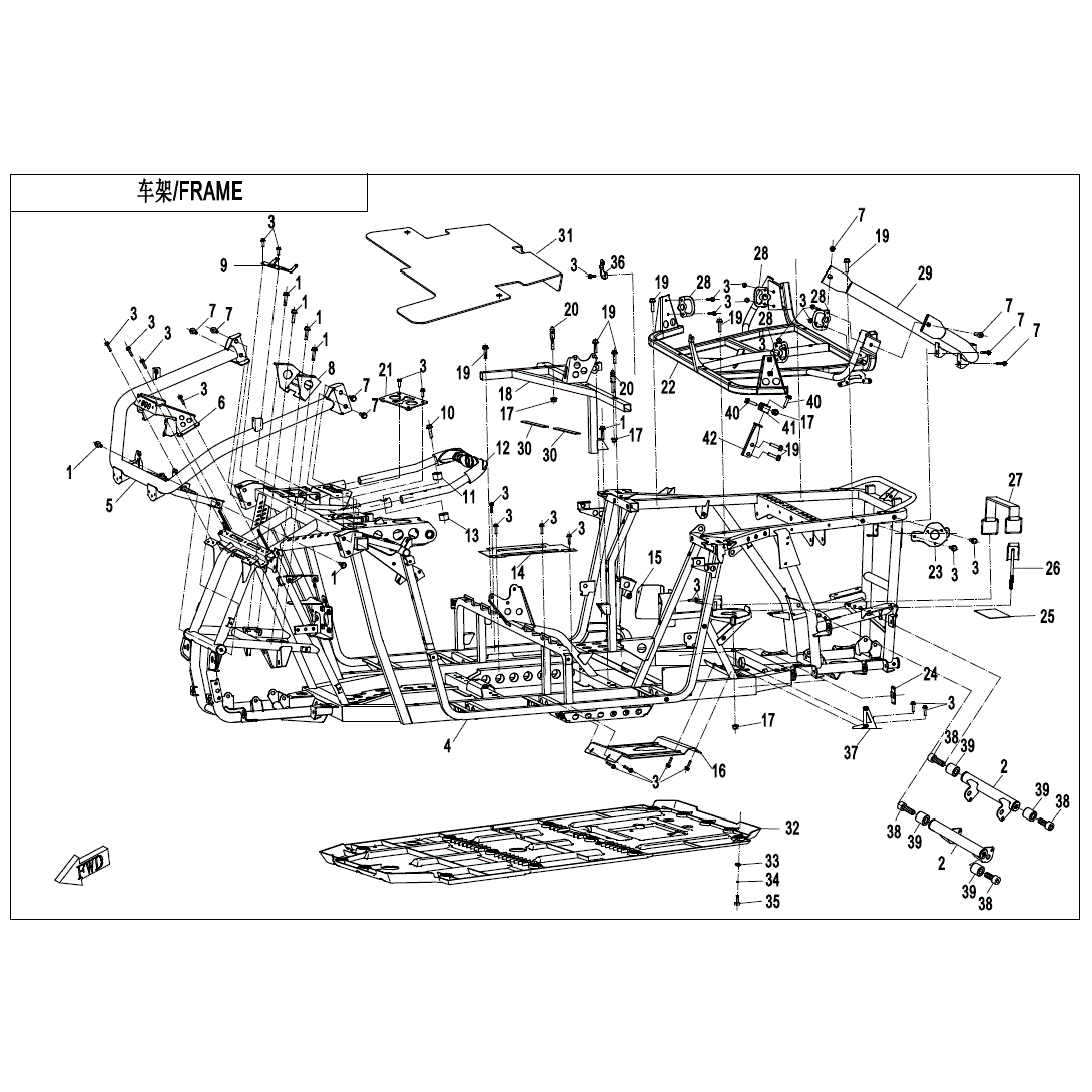 An Image of a Genuine CFMOTO Parts Schematic Diagram showing the schematic - FRAME - 2020 CFMOTO ZFORCE 500