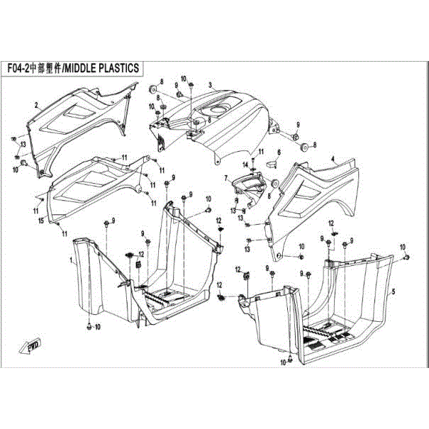 An Image of a genuine CFMOTO Parts Schematic Diagram showing the group - PLASTIC PARTS II - 2016 CFMOTO CFORCE 400