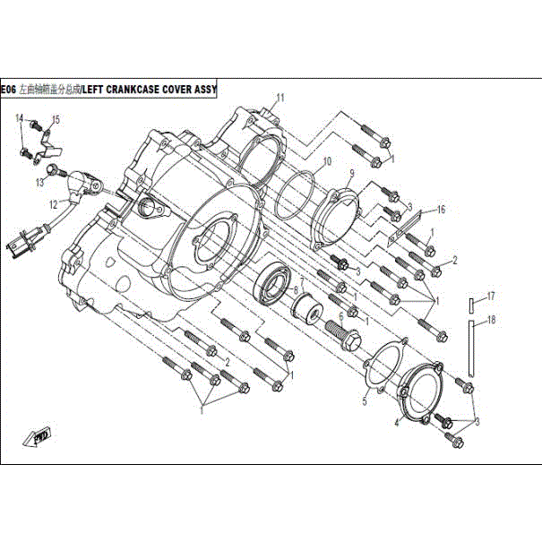 An Image of a genuine CFMOTO Parts Schematic Diagram showing the group - LEFT CRANKCASE COVER ASSY - 2016 CFMOTO CFORCE 800 X8