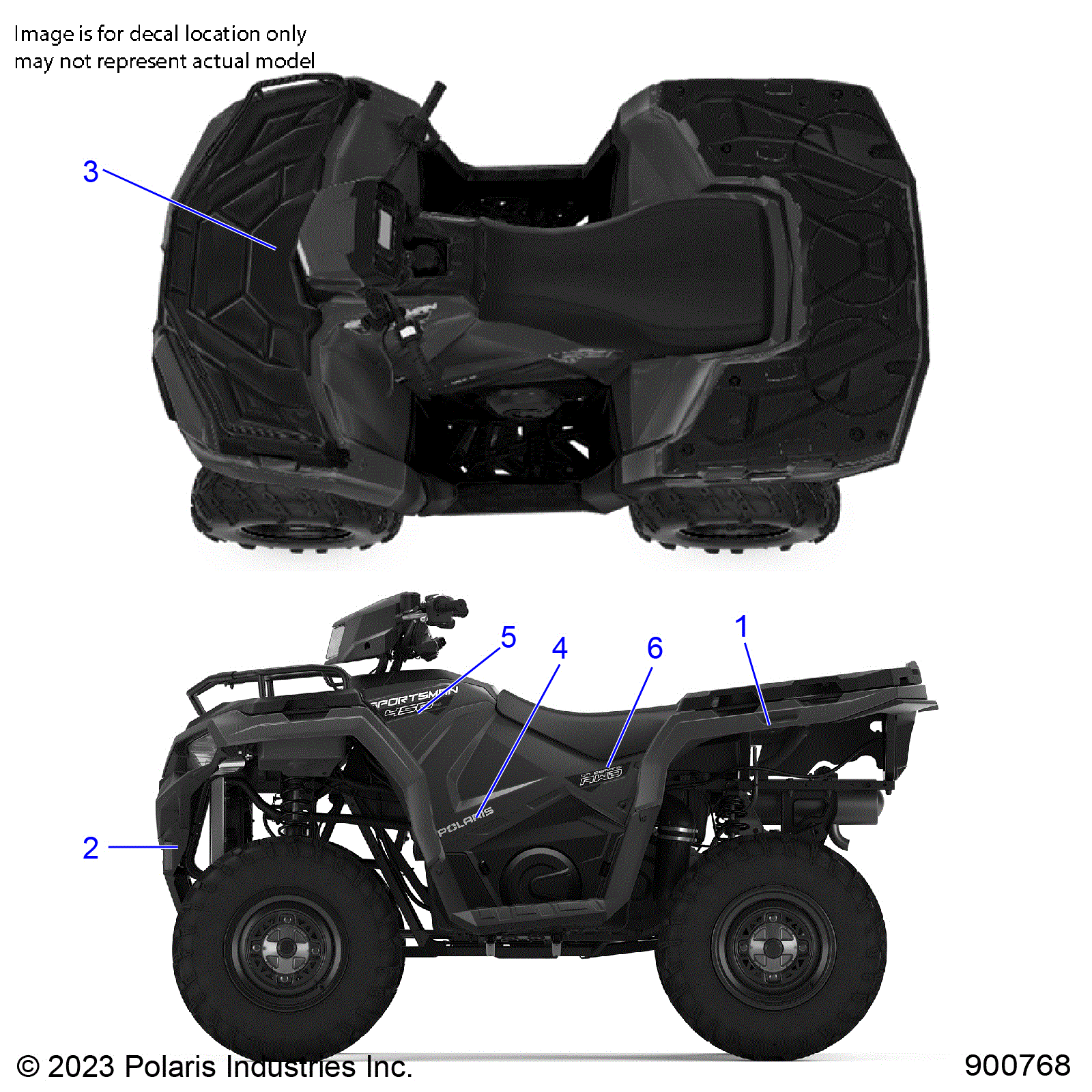 An Image of a Genuine Polaris Parts Schematic Diagram showing the schematic - BODY: DECALS GRAPHIC - 2025 POLARIS SPORTSMAN 450 HO 50S
