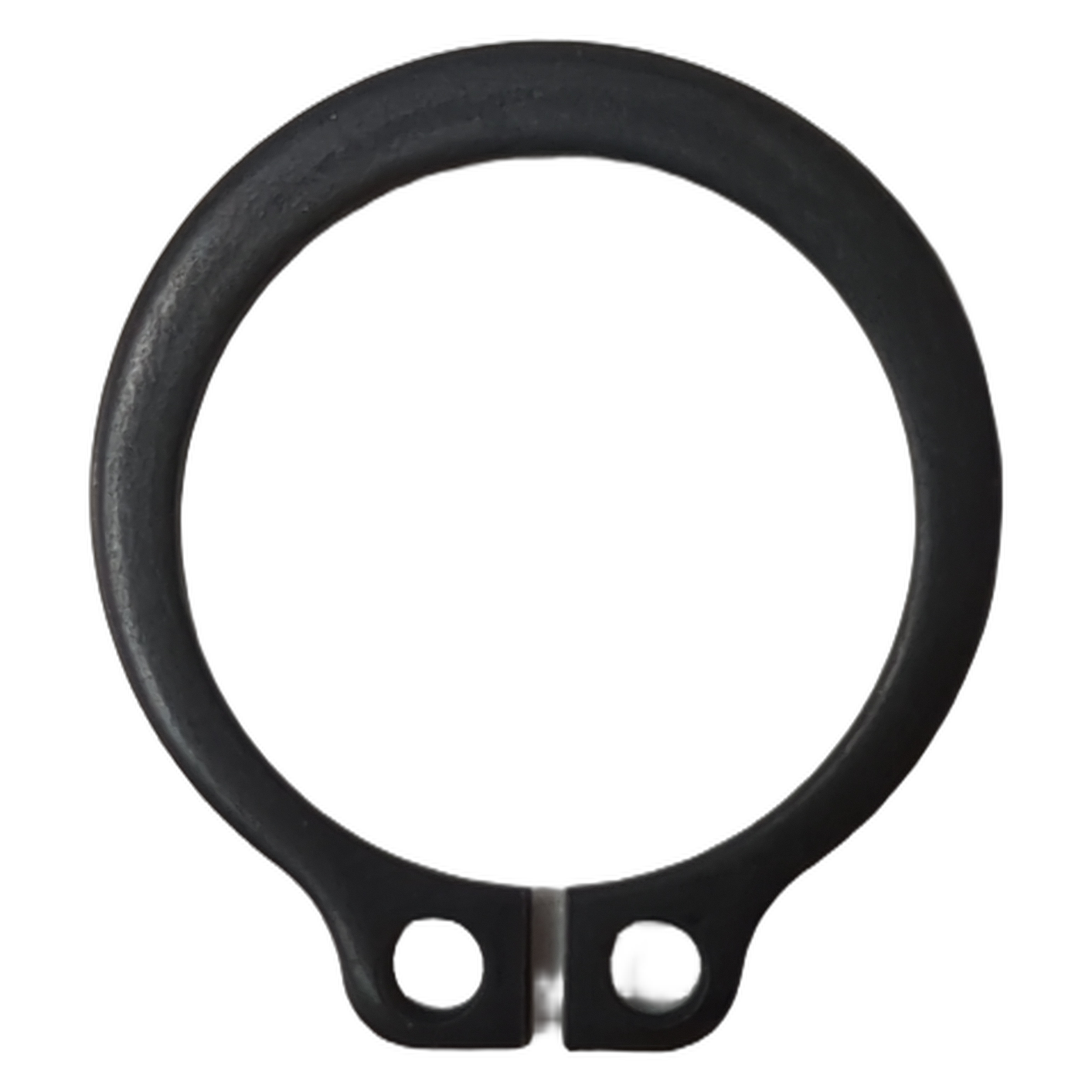 Black metal circlip with two holes for securing, circular shape with reinforced ends.