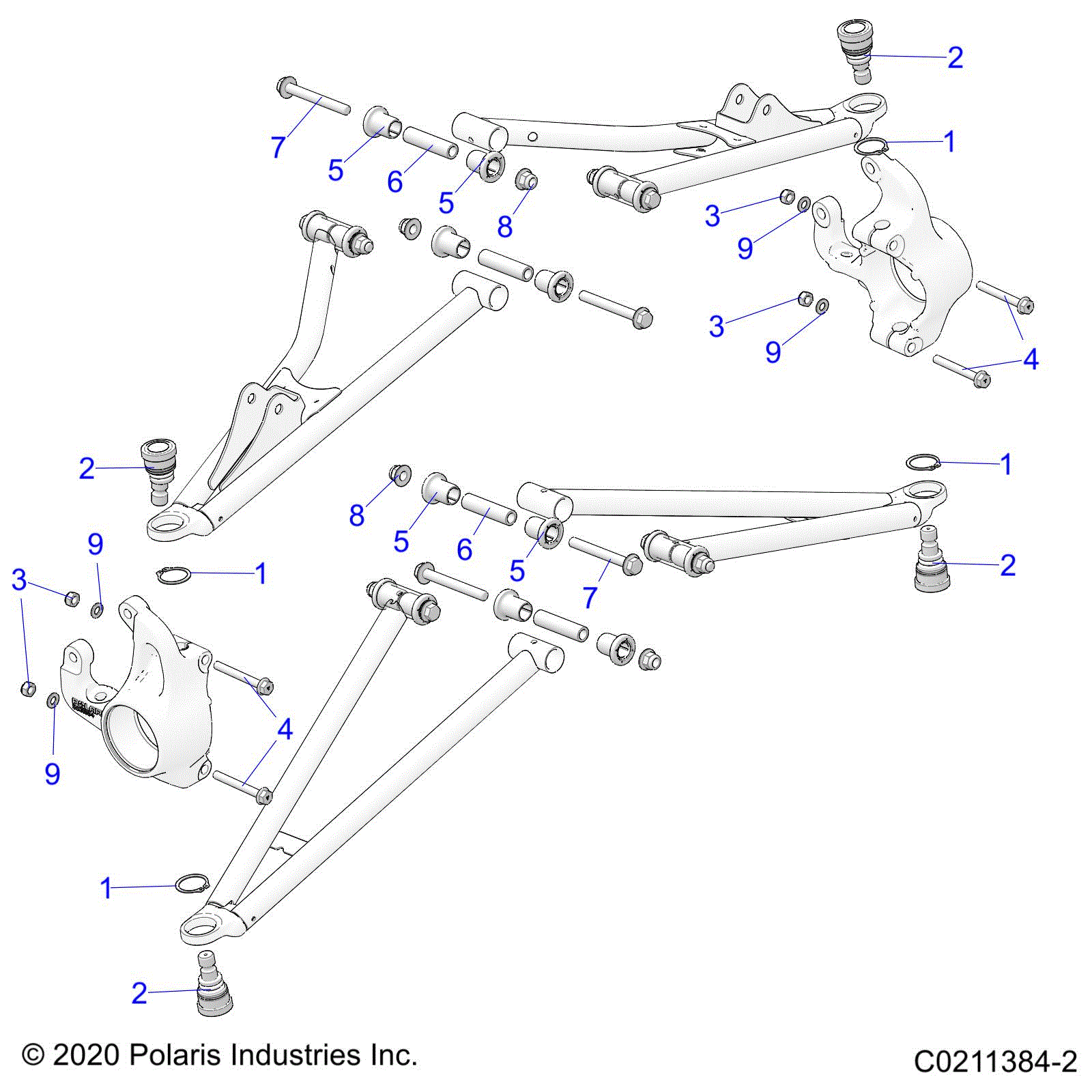 An Image of a Genuine Polaris Parts Schematic Diagram showing the schematic - SUSPENSION: FRONT A-ARM MOUNTING - 2020 POLARIS SPORTSMAN XP 1000 / XP 1000 HUNTER EDITION 48"