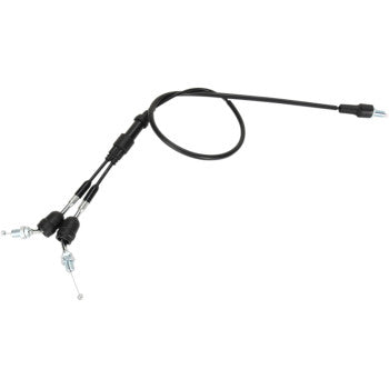 The Yamaha Black Vinyl Throttle Cable 33" by Moose Offroad features a black PVC jacket, two split ends with metal fittings and adjustment nuts, and offers high UV resistance for durability. Shown on a white background.
