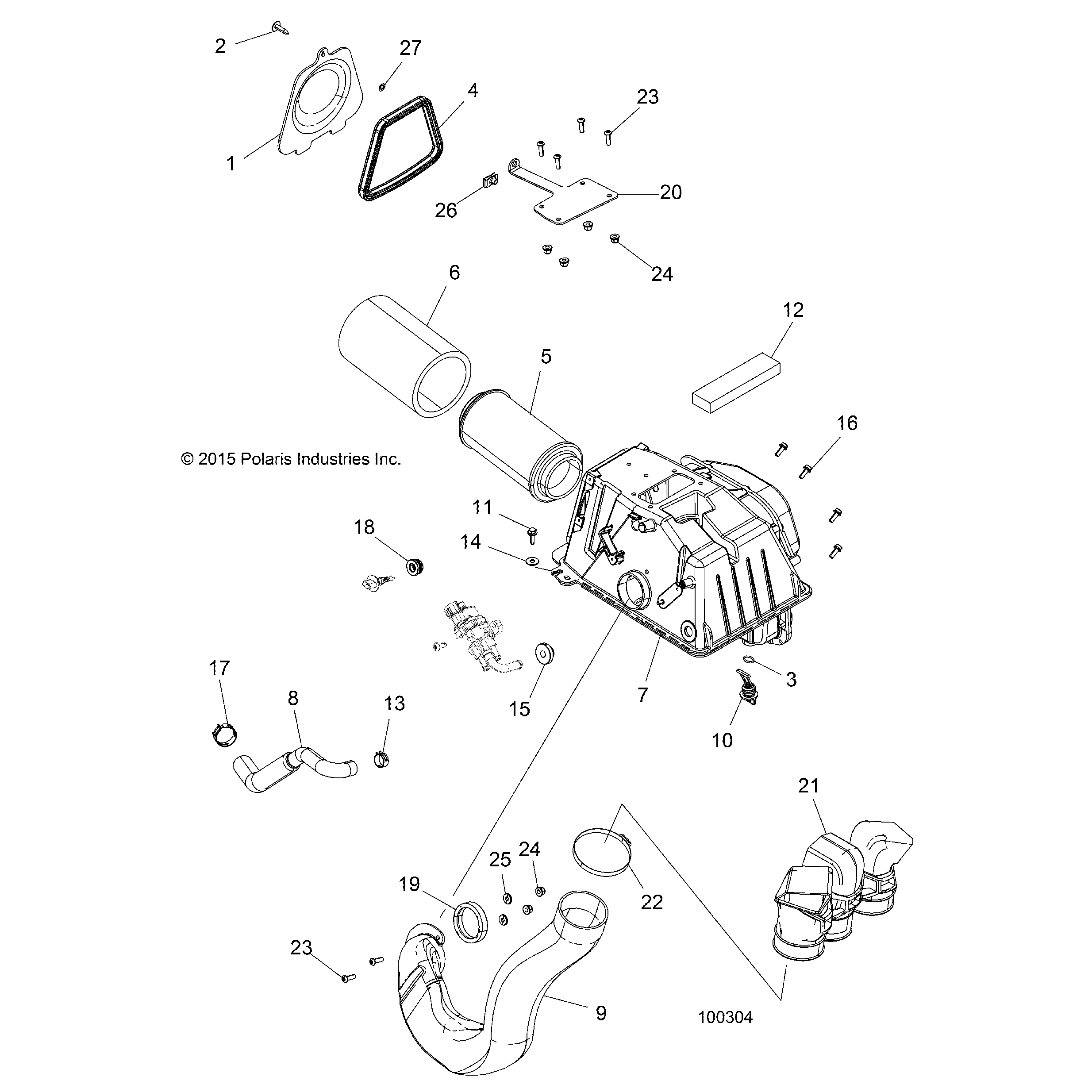 An Image of a Genuine Polaris Parts Schematic Diagram showing the schematic - ENGINE: AIR INTAKE - 2016 POLARIS SPORTSMAN 850 HIGH LIFTER