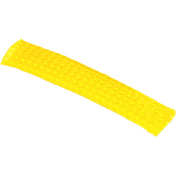 A single Braided Flex Sleeving Yellow by Namz, made in the U.S.A., is shown against a plain white background. Similar to blue flex sleeving or 3/8" ID sleeving, this woven plastic sleeve offers flexibility and durability.