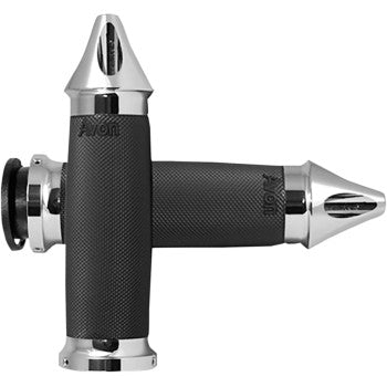 Two black rubber Indian Custom Contour Grips - Spike - Chrome by Avon Grips are crossed, highlighting their textured surface and chrome spike ends—ideal for riders wanting the look of Indian Chrome Grips.