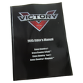 Black softcover owner's manual for 2015 Victory motorcycles with red and gray logo and white text on cover.